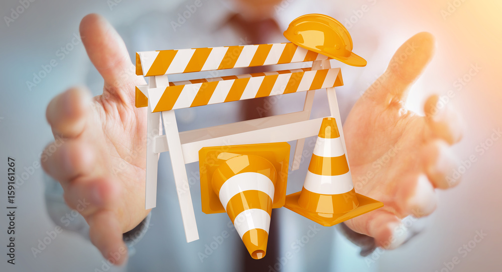 Businessman using digital 3D rendering under construction signs