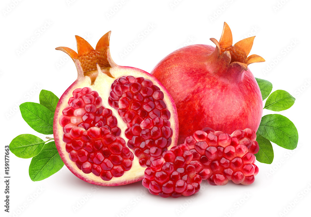 Pomegranate isolated. Group of pomegranates with leaves isolated on white background with clipping p