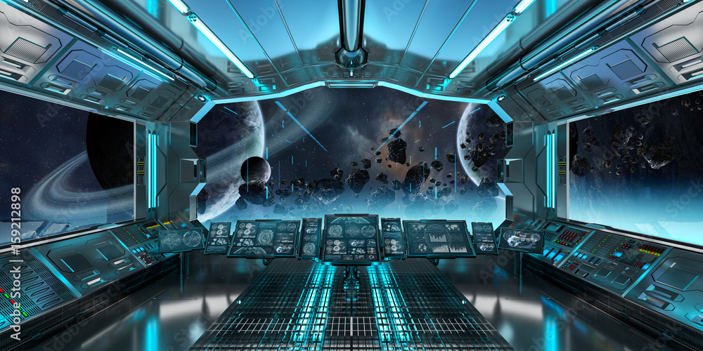 Spaceship interior with view on distant planets system 3D rendering elements of this image furnished