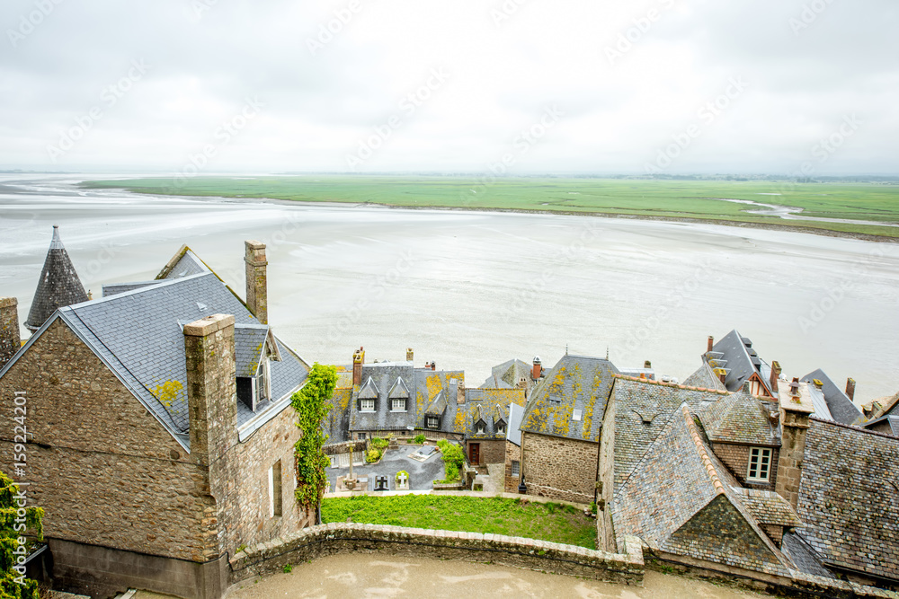 View from the ambasady on the old town and the ocean in Mont Saint Michel in France