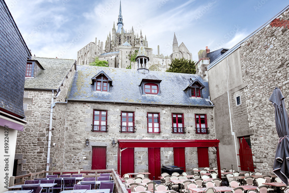 Ancient buildings of the old town on the famous Mont Saint Michel island in France