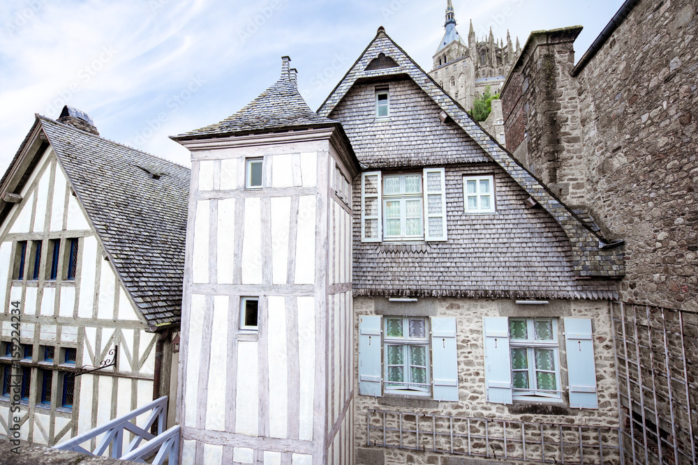 Ancient buildings of the old town on the famous Mont Saint Michel island in France