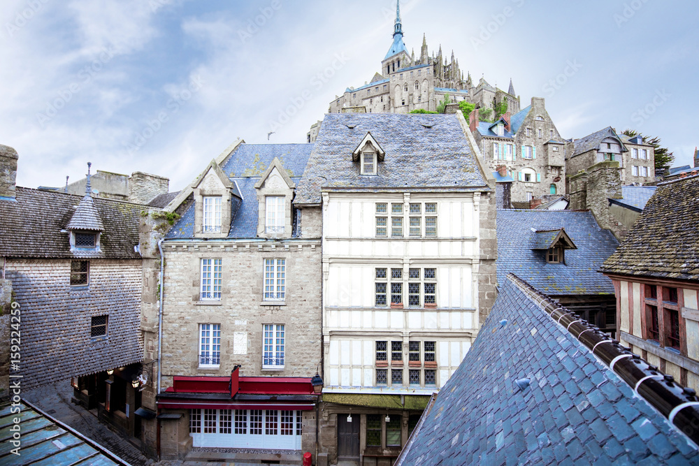 Ancient buildings of the old town on the famous Mont Saint Michel island in France