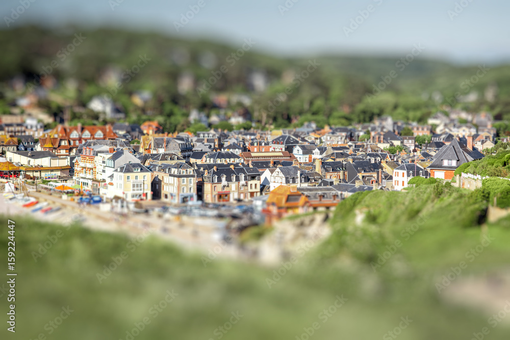 Top view on the beautiful buildings in Etretat village in France