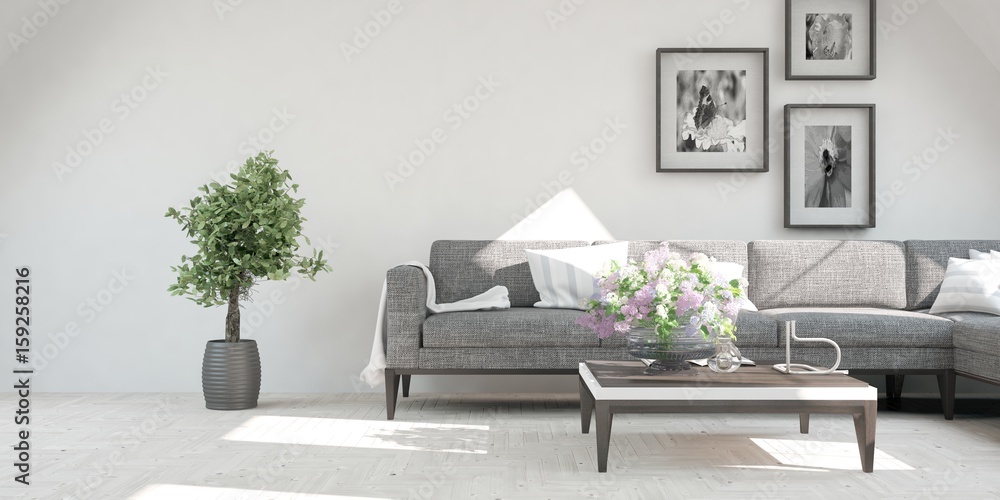 White modern room with sofa. Scandinavian interior design. 3D illustration