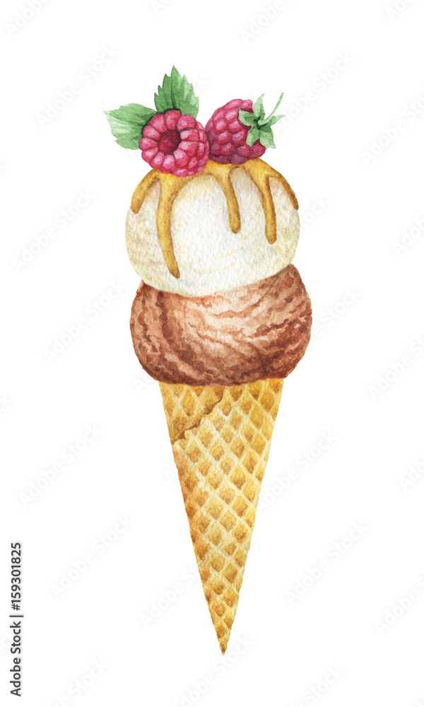 Watercolor waffle cone with chocolate and vanilla ice cream decorated with raspberries.