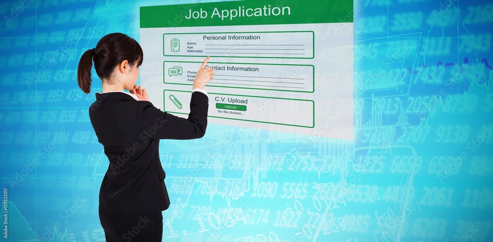 Composite image of thoughtful businesswoman pointing