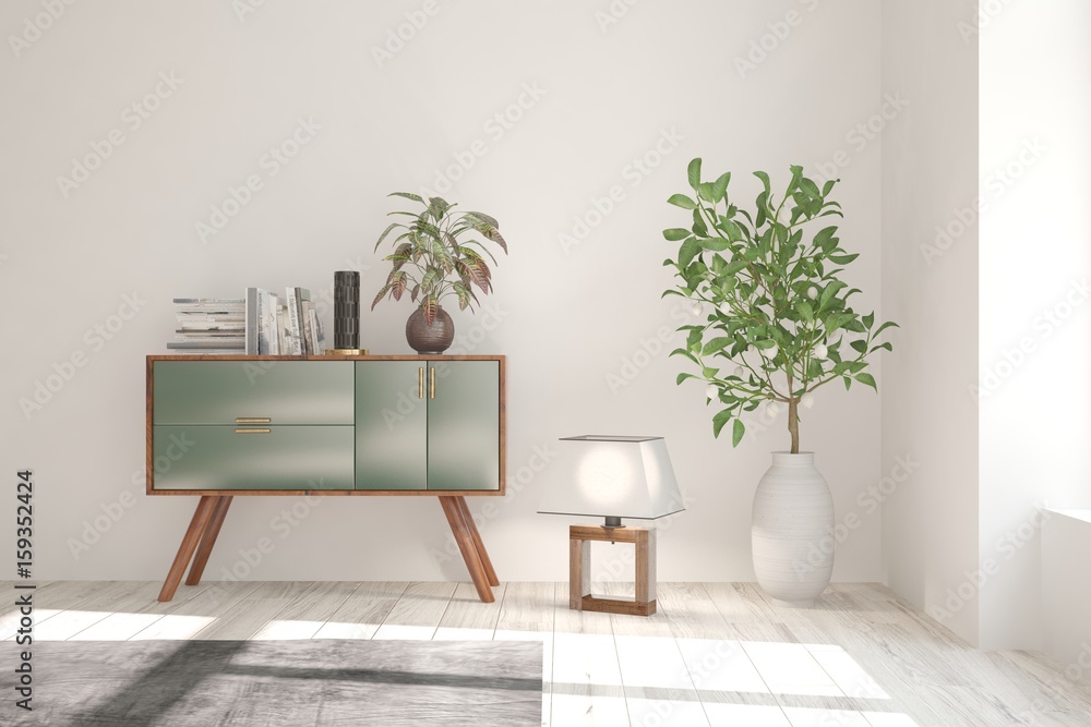 White modern room with shelf. Scandinavian interior design. 3D illustration