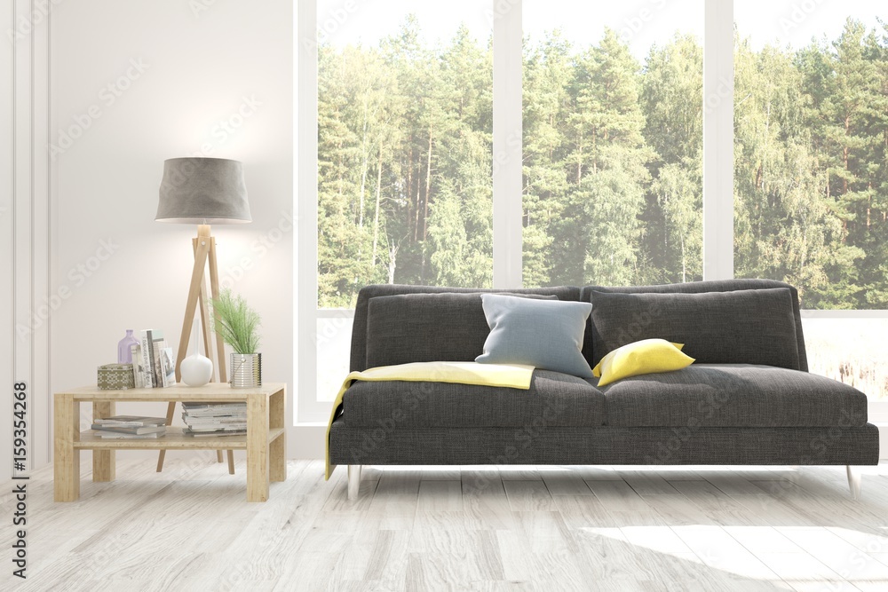 White room with sofa and green landscape in window. Scandinavian interior design. 3D illustration