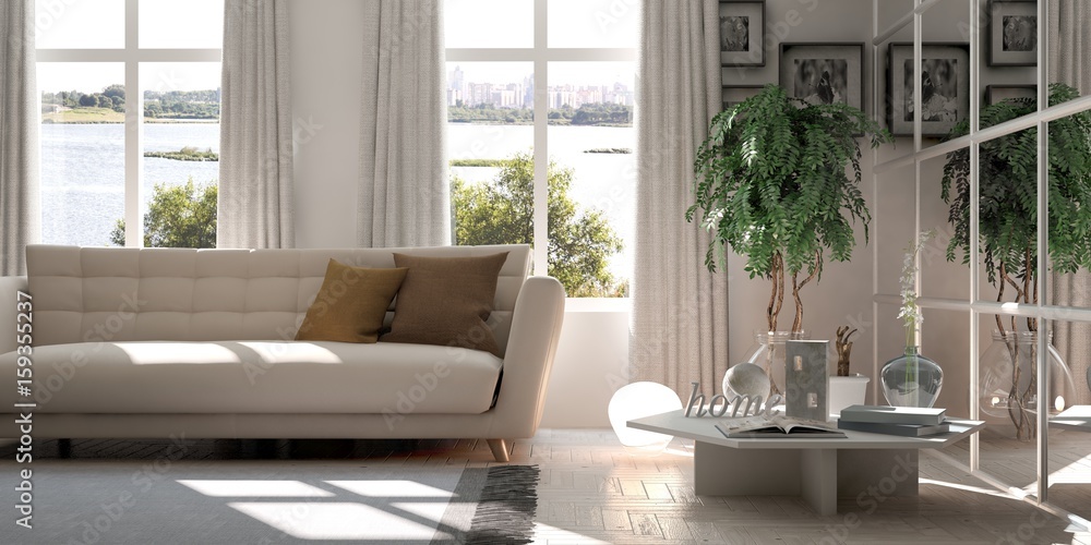 White room with sofa and green landscape in window. Scandinavian interior design. 3D illustration