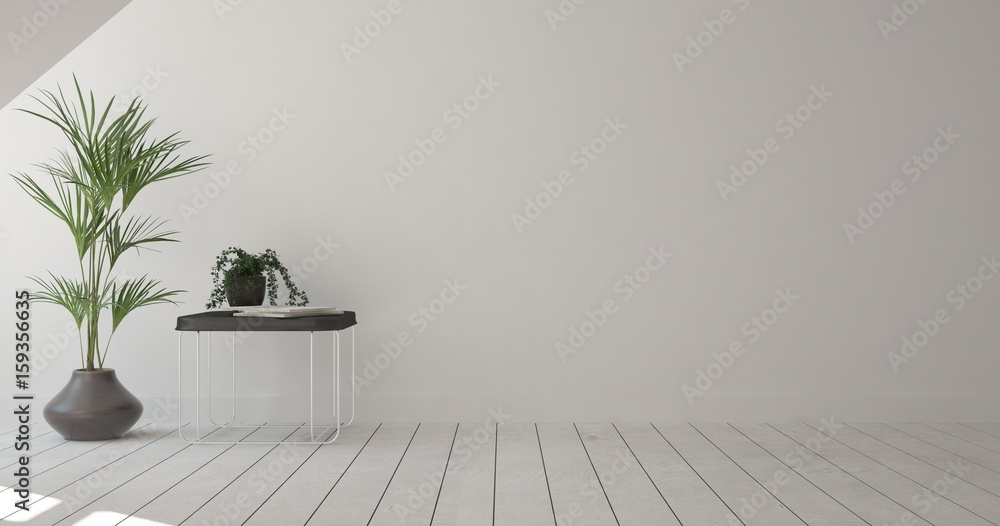 White empty room with flower. Scandinavian interior design. 3D illustration