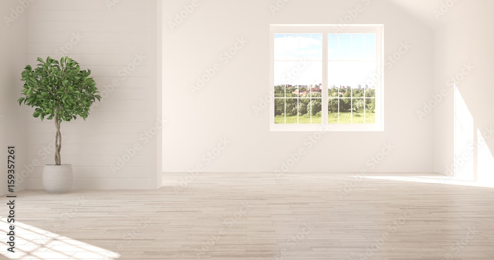 White empty room with green landscape in window. Scandinavian interior design. 3D illustration