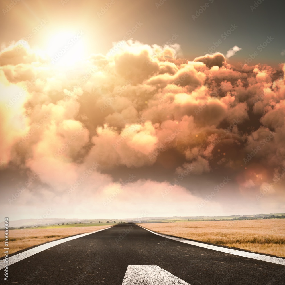 Composite image of scenic view of bright sun over clouds