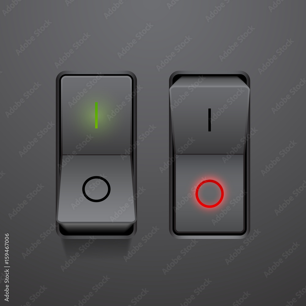 Set of realistic black toggle switches in on and off positions, vector button illustration