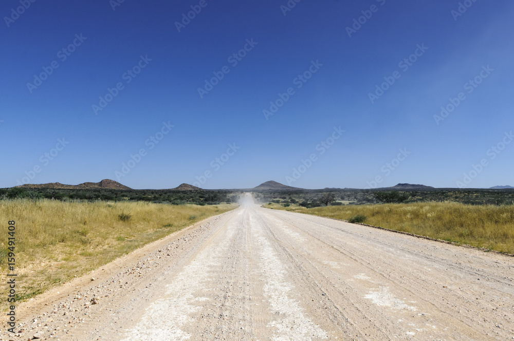 Landschaft mit gerader Strasse/Landschaft mit gerader Strasse bis zum Horizont，纳米比亚，非洲。