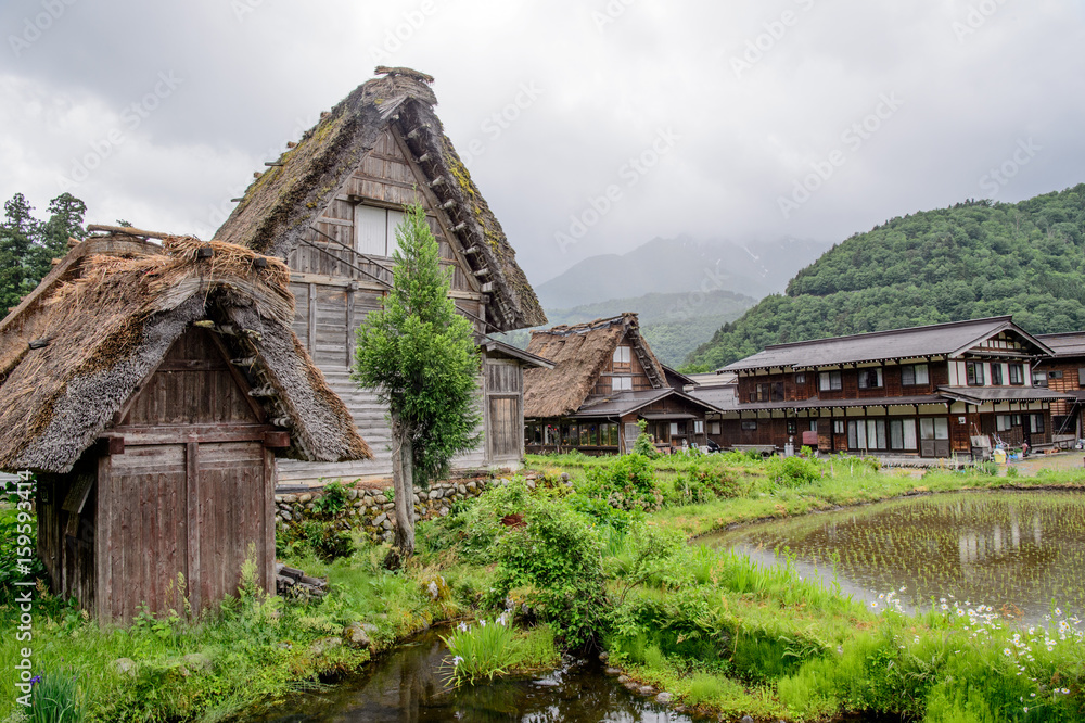 春天的白川村和五重山历史村，日本的旅游地标