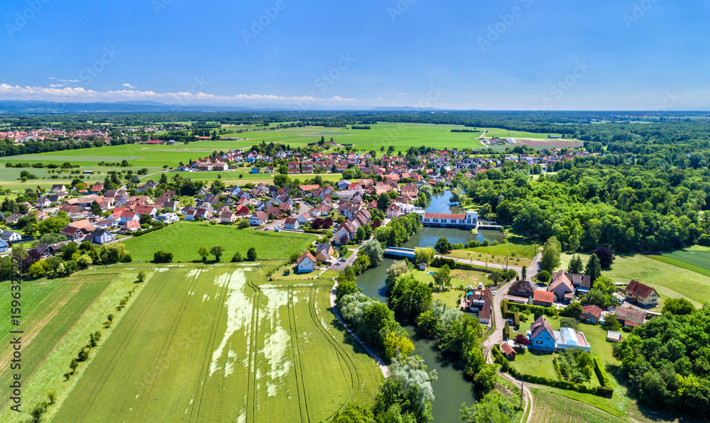 Aerial panorama of Eschau, a village near Strasbourg - Grand Est, France