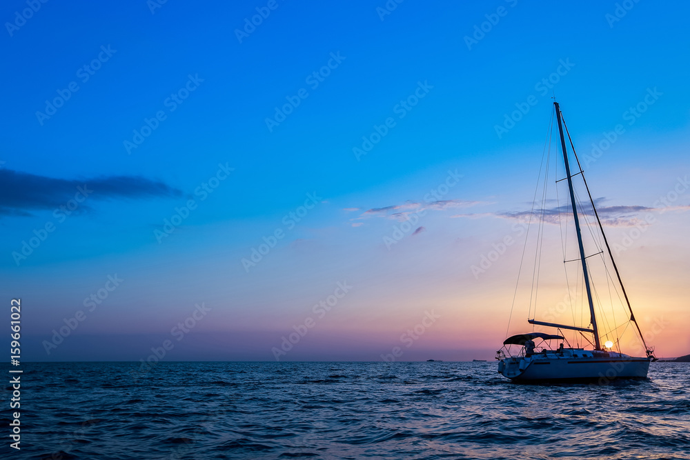 Sailing ship on the sea horizon. The seascape. Ship on the sea horizon. Sailboat in the sea.