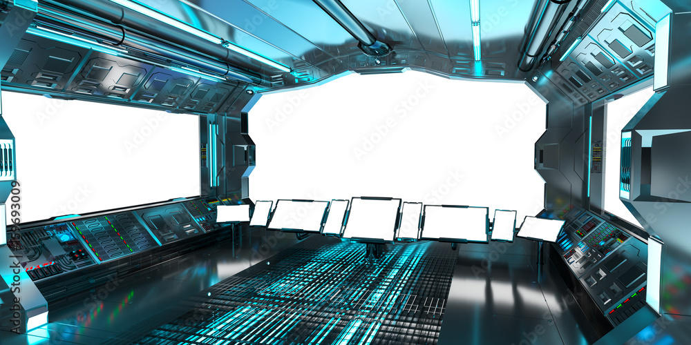 Spaceship interior with view on white windows 3D rendering