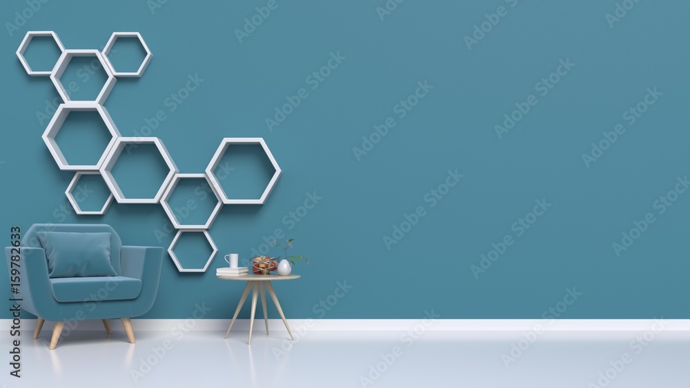 Room with armchairs and hexagonal rack mounted to the wall dark,3d rendering