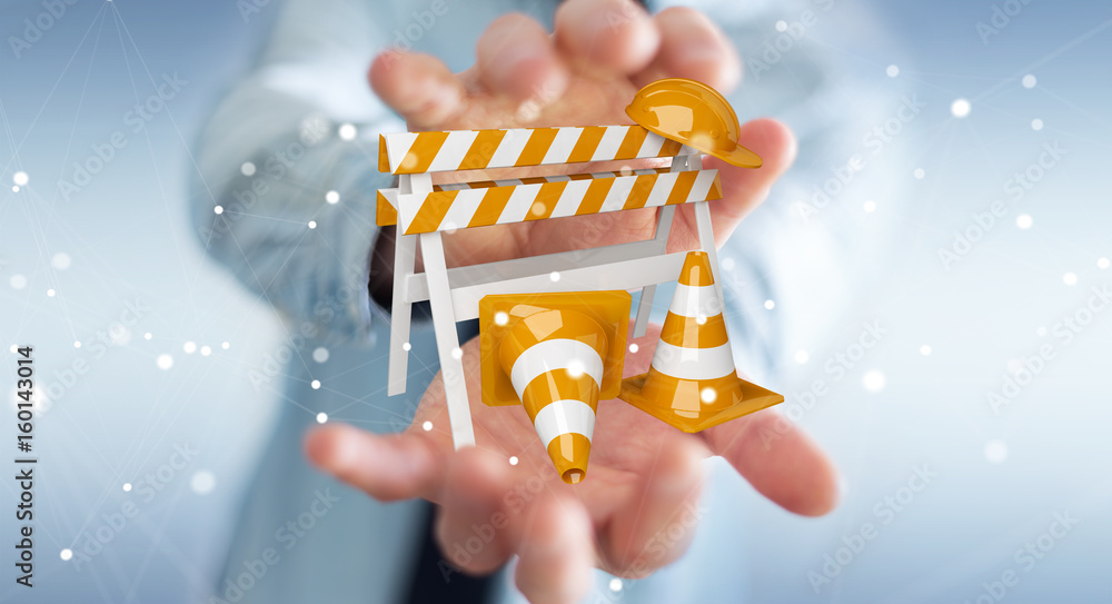 Businessman using digital 3D rendering under construction signs