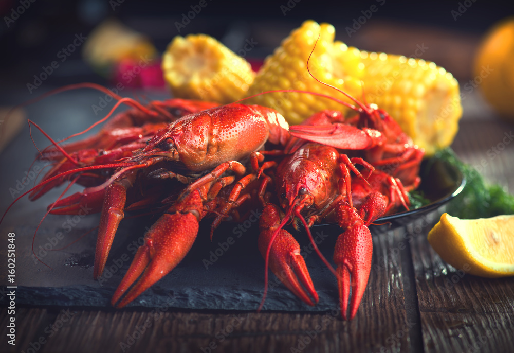 Crayfish. Creole style crawfish boil serving with corn and potato