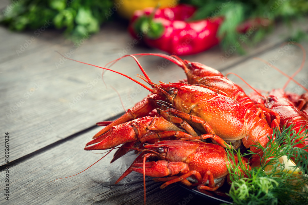 Boiled red crayfish or crawfish with a herbs