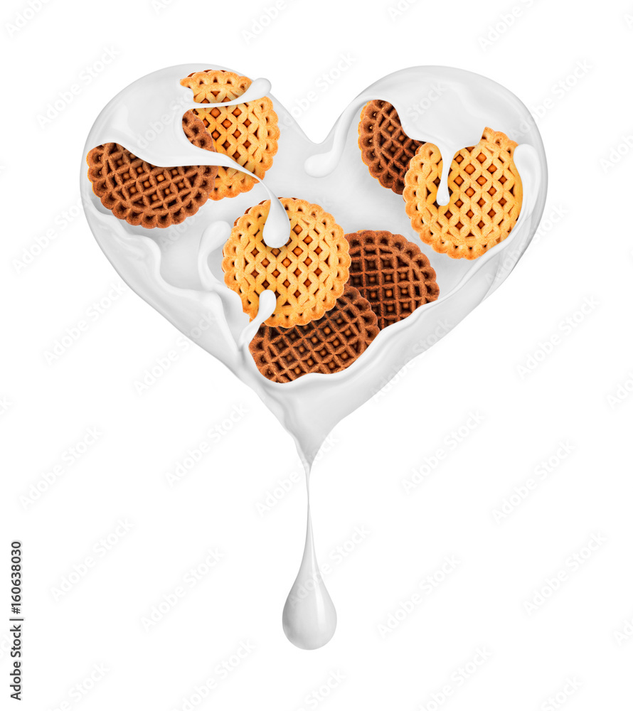 Splashes of milk in the shape of a heart with biscuits, isolated on white background