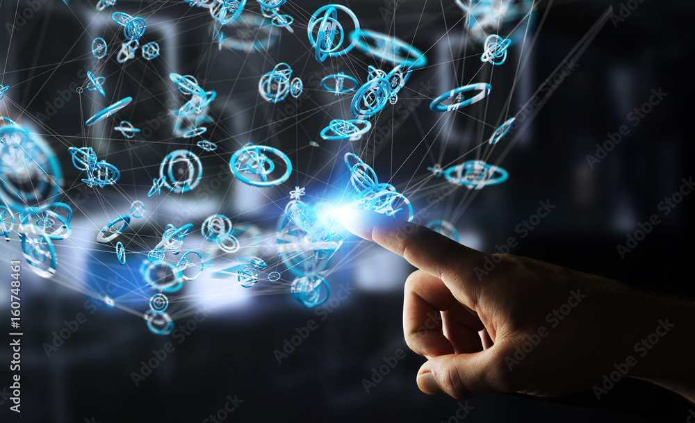 Businessman using flying network connection interface 3D rendering