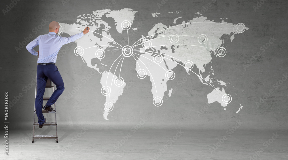 Businessman using digital planet earth interface on a wall 3D rendering