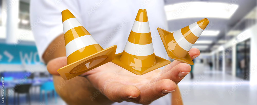 Businessman using digital 3D rendering under construction signs