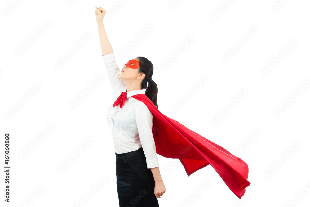 asian office woman acting like a superhero on top