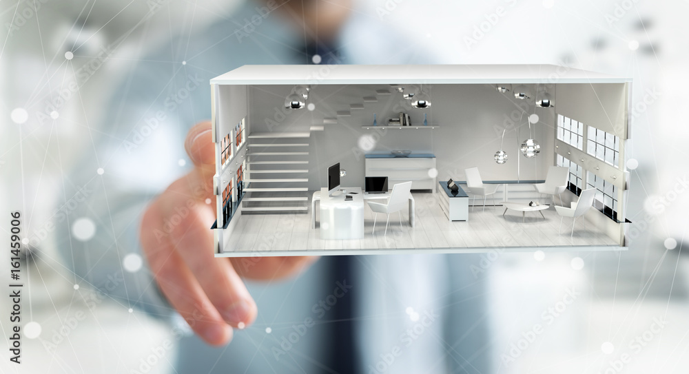 Businessman touching white 3D rendering apartment