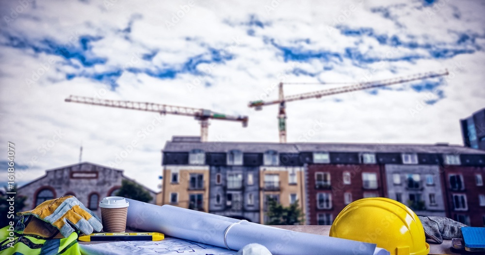 Panoramic shot of architecture equipment on table