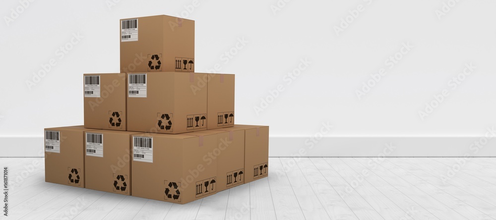 Composite 3d image of pile of brown packed cardboard boxes