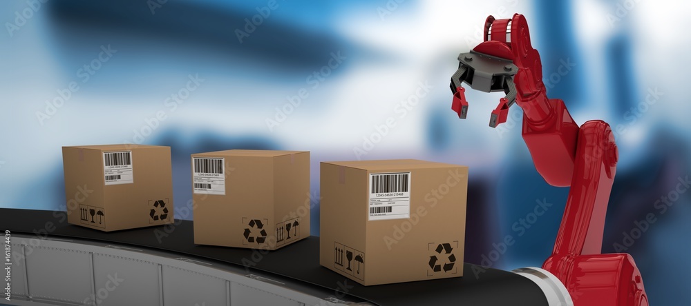 Composite image of brown cardboard boxes on 3d production line