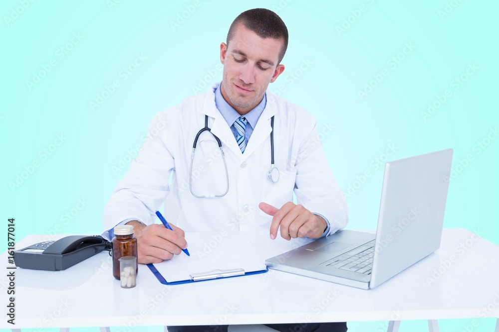 Composite 3d image of male doctor writing while sitting by desk