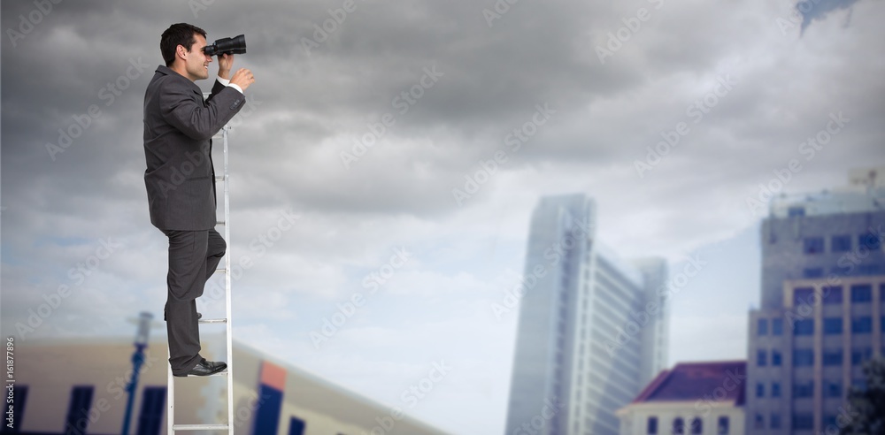 Composite image of businessman standing on ladder