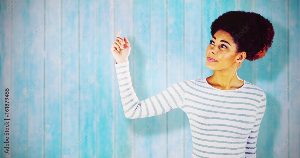 Composite image of thoughtful young woman gesturing 