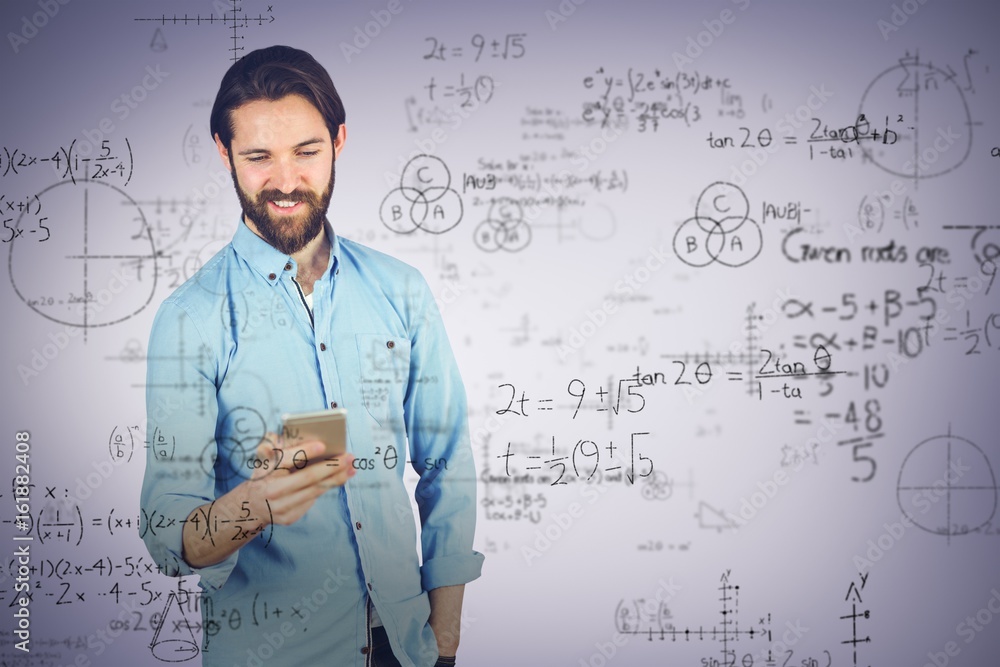 Composite image of smiling man using mobile phone