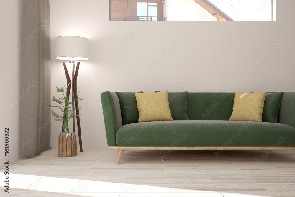 White modern room with sofa. Scandinavian interior design. 3D illustration