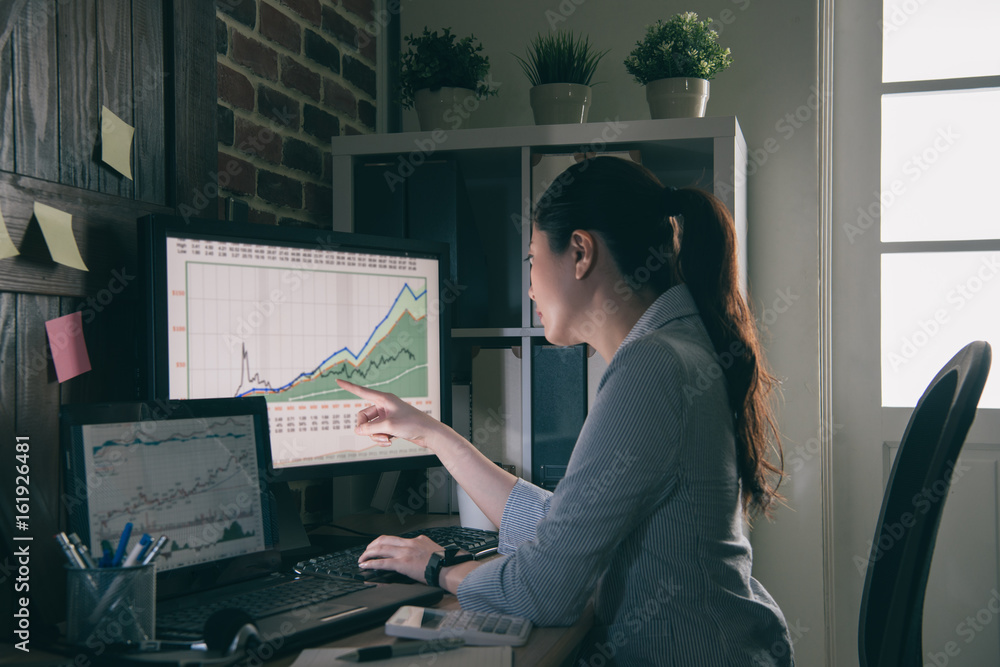 girl in suit analyzing currency data