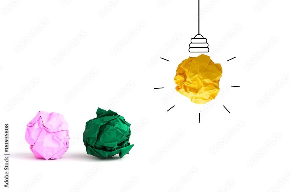   multicolor crumpled Paper Light Bulb new concept idea on white backgournd