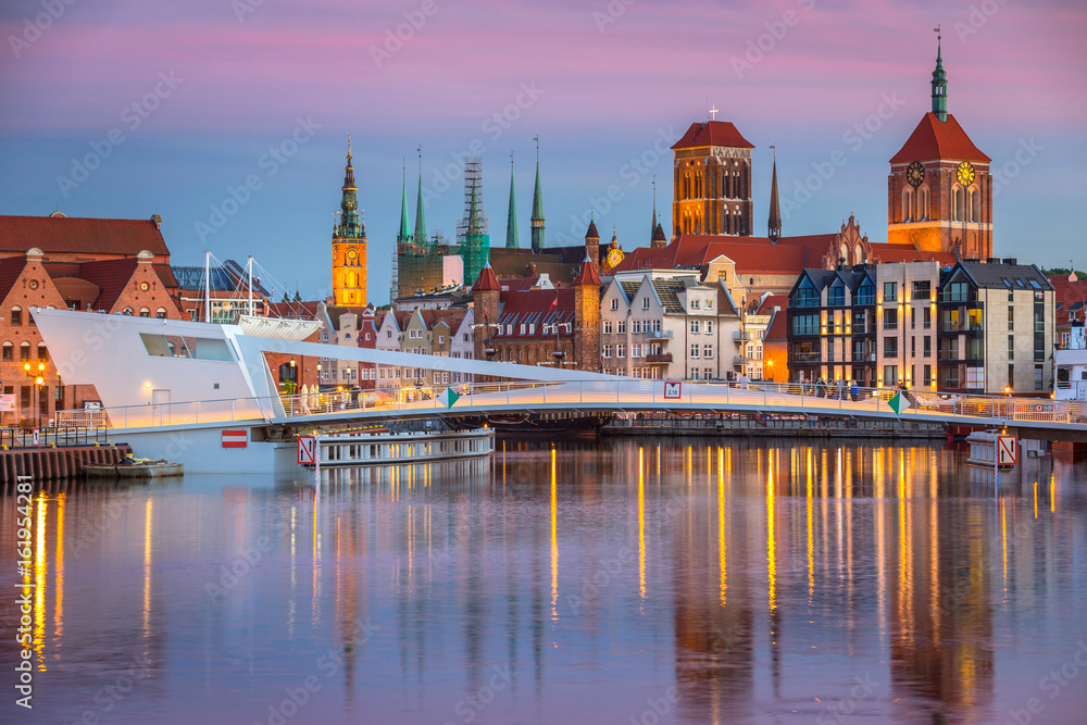 Old town in Gdansk and catwalk over Motlawa river at sunset, Poland