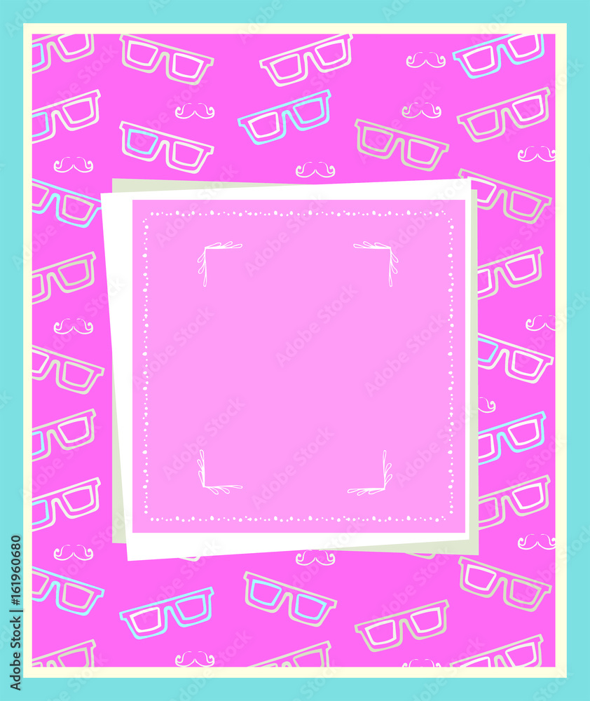 Card with moustache and spectacles design on pink background