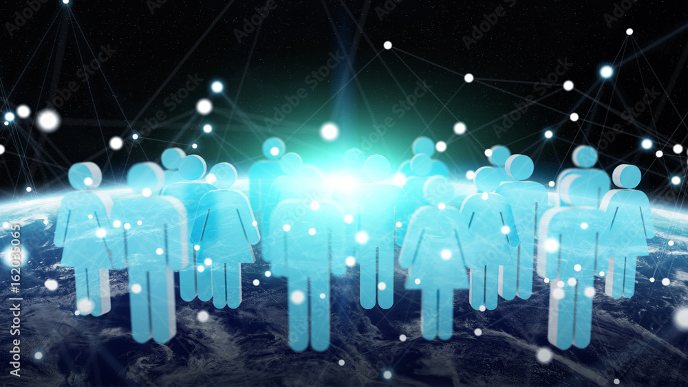 3D rendering group of icons people surrounding planet Earth