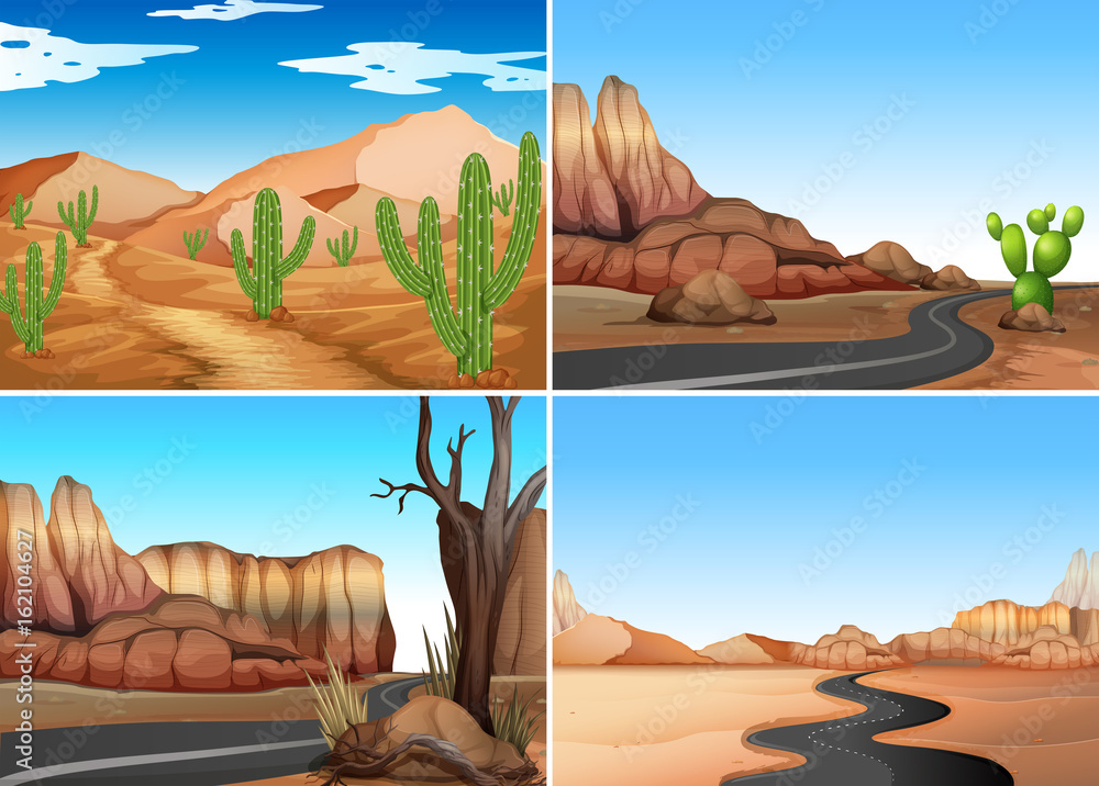 Four desert scenes with empty roads