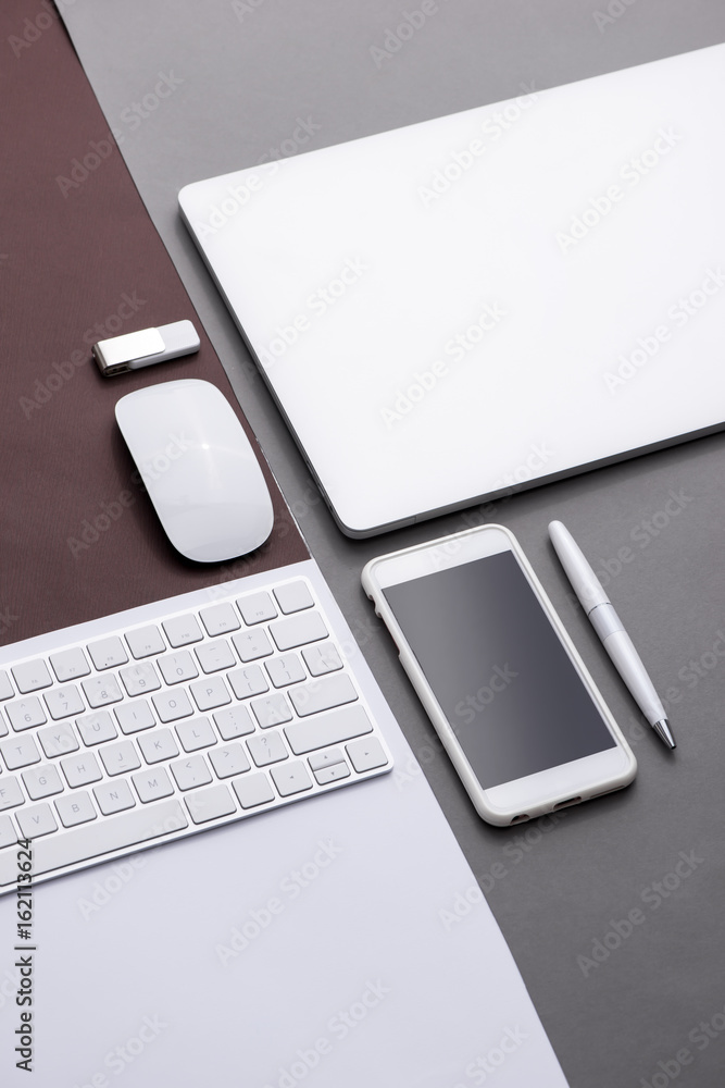 Set of black and white of office supplies and business gadgets.