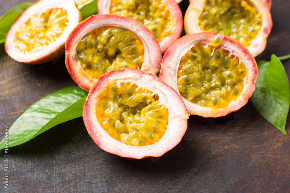 Passion fruit on  a wooden board