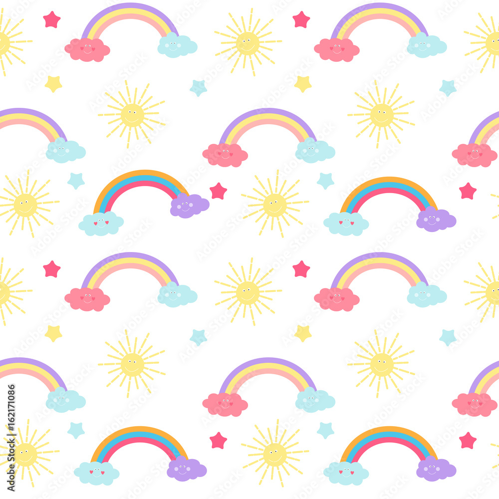 Childrens Seamless Pattern Background with Sun, Cloud and Stars Vector Illustration